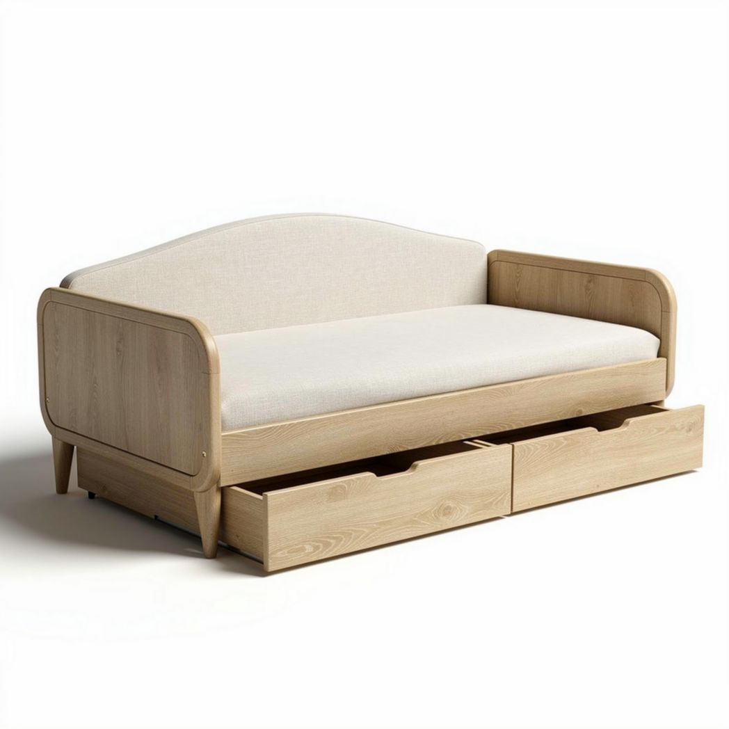 Houten bank met opbergladen en stofbekleding 200 x 90 x 80cm