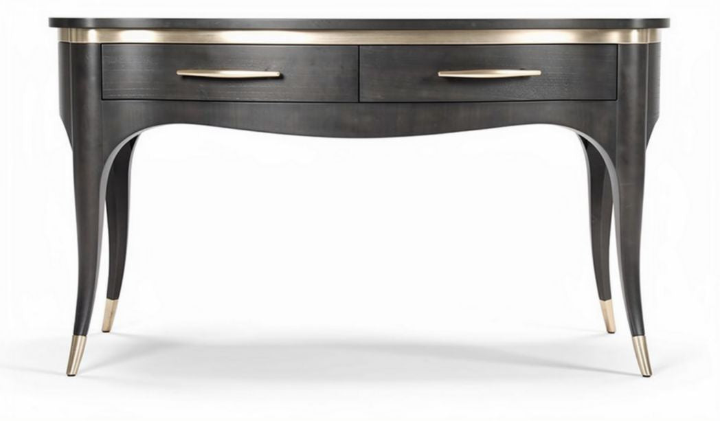 Bureau van zwart hout met metalen handgrepen en twee lades 150 x 70 x 75cm