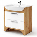 Wastafelkast van bamboe en wit kunststof met twee lades 60 x 40 x 85cm