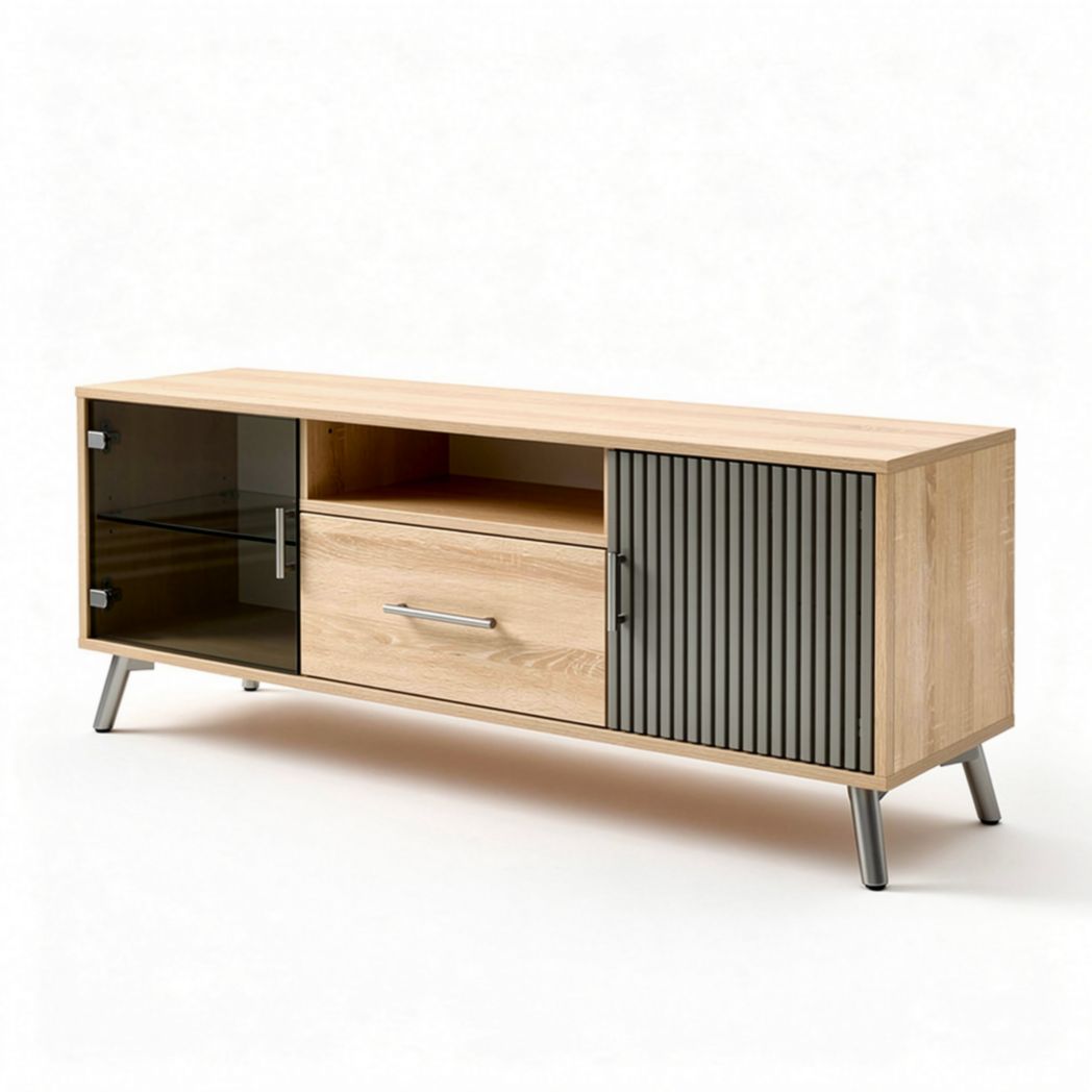 Houten tv-meubel met glazendeur en lade 150 x 40 x 50cm naturel eiken