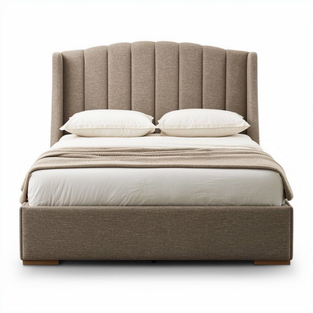 Stoffen bed 200 x 160 x 100cm met gestreepte hoofdbord en opbergruimte