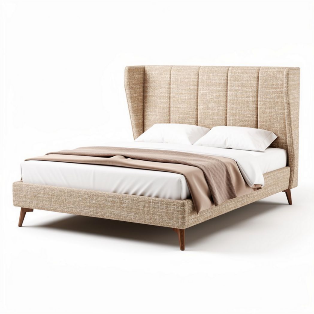 Bed met hoofdbord van textiel in beige 210 x 180 x 100cm