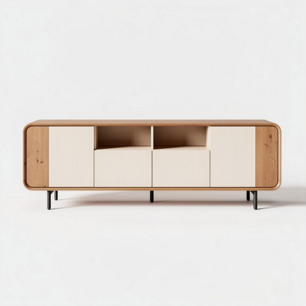Houten tv-meubel met gebogen randen en dubbele deuren 120 x 40 x 50cm